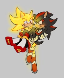 Size: 754x915 | Tagged: safe, artist:tinyaibou, shadow the hedgehog, sonic the hedgehog, super sonic, arms folded, blushing, carrying them, duo, ear fluff, frown, gay, grey background, looking at each other, mouth open, shadow x sonic, shipping, simple background, smile, super form