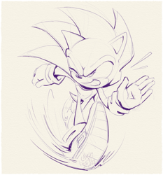 Size: 1553x1669 | Tagged: safe, artist:candycatstuffs, sonic the hedgehog, beige background, line art, looking offscreen, running, simple background, solo, waving, wink
