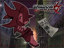Size: 2048x1531 | Tagged: safe, artist:kingprinceleo, shadow the hedgehog, arms folded, english text, frown, logo, looking at viewer, newspaper, screenshot background, shadow the hedgehog (video game), solo, westopolis