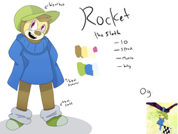 Size: 2048x1536 | Tagged: safe, artist:adhd-sonic-the-hedgehog, rocket the sloth, character name, english text, hat, looking at viewer, mouth open, oversized, pink eyes, redesign, reference inset, sloth, smile, solo, standing