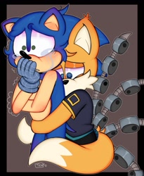 Size: 1000x1220 | Tagged: safe, artist:kentowo0, miles "tails" prower, nine, sonic the hedgehog, sonic prime, 2023, blushing, blushing ears, border, crying, duo, gay, hugging from behind, nine x sonic, outline, sad, shipping, signature, simple background, sonic x tails, standing, tears, tears of sadness