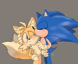 Size: 703x576 | Tagged: safe, artist:giaoux, miles "tails" prower, sonic the hedgehog, 2023, blushing, cute, duo, eyes closed, gay, grey background, hand on another's head, kiss on cheek, one eye closed, shipping, signature, simple background, sonabetes, sonic x tails, standing, tailabetes