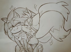 Size: 1024x748 | Tagged: safe, artist:funkiepoop, miles "tails" prower, sonic the hedgehog, 2023, cute, duo, eyes closed, gay, heart, holding them, kiss on cheek, shipping, sketch, smile, sonic boom (tv), sonic x tails, traditional media