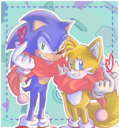 Size: 1500x1600 | Tagged: safe, artist:oureizero_m, miles "tails" prower, sonic the hedgehog, 2023, abstract background, blushing, christmas, duo, gay, heart, looking at viewer, outline, scarf, shipping, smile, sonic x tails, standing
