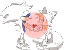Size: 1059x736 | Tagged: safe, artist:giaoux, miles "tails" prower, sonic the hedgehog, 2023, apple, blushing, cute, duo, eyes closed, food, gay, holding something, looking at them, shipping, signature, simple background, sonabetes, sonic x tails, tailabetes, white background