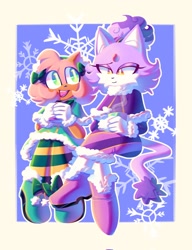 Size: 1570x2048 | Tagged: safe, artist:tailsnumber1fan, amy rose, blaze the cat, cat, hedgehog, 2022, amy x blaze, cute, female, females only, hot cocoa, lesbian, mouth open, shipping, snowflake, winter