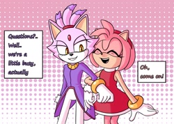 Size: 1520x1080 | Tagged: safe, artist:sobakunya, amy rose, blaze the cat, cat, hedgehog, 2022, amy x blaze, amy's halterneck dress, blaze's tailcoat, cute, english text, eyes closed, female, females only, holding arm, lesbian, mouth open, shipping