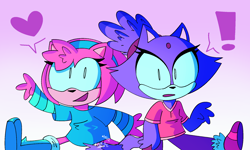 Size: 2000x1200 | Tagged: safe, artist:floofrights, amy rose, blaze the cat, cat, hedgehog, 2022, amy x blaze, cute, exclamation mark, female, females only, heart, lesbian, shipping