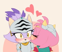 Size: 2500x2100 | Tagged: safe, artist:_milaries, amy rose, blaze the cat, cat, hedgehog, sonic and the black knight, 2022, amy x blaze, blushing, cute, eyes closed, female, females only, hearts, kiss on cheek, lesbian, shipping, sir percival