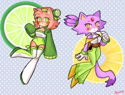 Size: 2342x1791 | Tagged: safe, artist:d4nger_d4ze, amy rose, blaze the cat, cat, hedgehog, 2022, amy x blaze, blushing, cute, female, females only, fruit, lesbian, looking at viewer, shipping