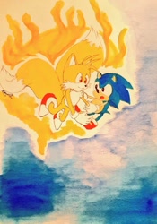 Size: 718x1024 | Tagged: safe, artist:sontailsweek, miles "tails" prower, sonic the hedgehog, super tails, abstract background, classic sonic, duo, flying, gay, holding them, modern tails, shipping, sonic x tails, super form, traditional media