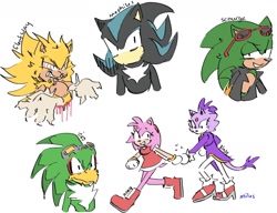 Size: 1080x831 | Tagged: safe, artist:miles-deerbun, amy rose, blaze the cat, jet the hawk, mephiles the dark, scourge the hedgehog, alternate version, amy x blaze, bust, fleetway super sonic, group, holding hands, lesbian, shipping, signature, simple background, super form, white background