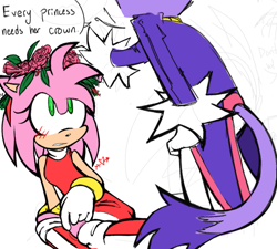 Size: 823x740 | Tagged: safe, artist:coldspace, amy rose, blaze the cat, cat, hedgehog, 2023, amy x blaze, amy's halterneck dress, blaze's tailcoat, blushing, cute, english text, female, females only, flower crown, heart, lesbian, shipping
