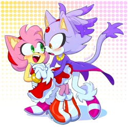 Size: 2000x2000 | Tagged: safe, artist:alfiasaee, amy rose, blaze the cat, cat, hedgehog, 2022, amy x blaze, amy's halterneck dress, blaze's tailcoat, blushing, cute, female, females only, hand on back, holding hands, lesbian, looking at each other, mouth open, shipping