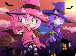 Size: 2257x1654 | Tagged: safe, artist:lunaerim, amy rose, blaze the cat, cat, hedgehog, 2022, amy x blaze, cute, female, females only, halloween, halloween outfit, lesbian, looking at viewer, mouth open, shipping, witch outfit