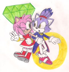 Size: 1570x1631 | Tagged: safe, artist:sparksechidna, amy rose, blaze the cat, cat, hedgehog, 2022, amy x blaze, amy's halterneck dress, blaze's tailcoat, chaos emerald, cute, female, females only, holding arm, lesbian, looking at each other, one eye closed, ring, shipping, traditional media