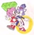 Size: 1570x1631 | Tagged: safe, artist:sparksechidna, amy rose, blaze the cat, cat, hedgehog, 2022, amy x blaze, amy's halterneck dress, blaze's tailcoat, chaos emerald, clothes, cute, dress, female, females only, holding arm, lesbian, looking at each other, one eye closed, ring, shipping, traditional media