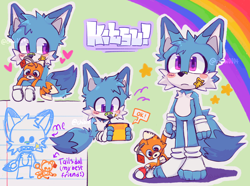 Size: 2048x1521 | Tagged: safe, artist:chibi-0004, tails doll, oc, oc:kitsu the fennec, fox, character name, cute, duo, english text, fankid, fingerless gloves, frown, heart, magical gay spawn, male, ocbetes, outline, parent:kit, parent:tails, parents:kittails, rainbow, star (symbol), toeless socks