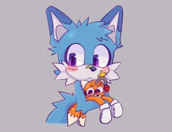 Size: 2048x1582 | Tagged: safe, artist:chibi-0004, tails doll, oc, oc:kitsu the fennec, fox, bandaid, bandaid over nose, blushing, bust, cute, duo, fankid, grey background, holding them, looking offscreen, magical gay spawn, ocbetes, parent:kit, parent:tails, parents:kittails, simple background, star (symbol), tails dollbetes