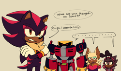 Size: 2048x1197 | Tagged: safe, artist:frostiios, e-123 omega, rouge the bat, shadow the hedgehog, oc, oc:matilda the ant, ..., ant, arms folded, beige background, dialogue, earring, english text, group, implied sonic, obvious lie, simple background, speech bubble, team dark