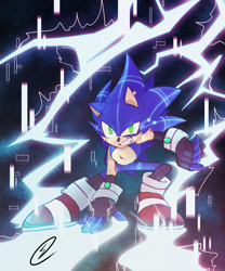 Size: 1461x1752 | Tagged: safe, artist:serrybluesoul, sonic the hedgehog, sonic frontiers, abstract background, alternate universe, au:post!frontiers, electricity, glitch, signature, smile, solo