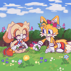 Size: 2048x2048 | Tagged: safe, artist:chibi-0004, cream the rabbit, miles "tails" prower, blushing, clouds, creamabetes, cute, daytime, duo, eyes closed, flower, flower crown, grass, heart, kneeling, looking at them, not shipping, outdoors, tailabetes, tree