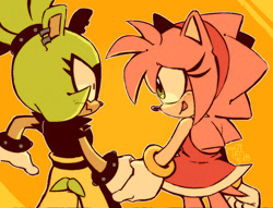 Size: 1151x881 | Tagged: safe, artist:candycatstuffs, amy rose, surge the tenrec, duo, holding hands, lesbian, looking at each other, outline, shipping, shrunken pupils, smile, standing, surgamy, surprised