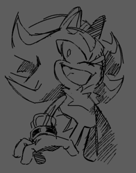 Size: 580x739 | Tagged: safe, artist:peck2neck, shadow the hedgehog, creepy smile, grey background, line art, looking offscreen, shrunken pupils, simple background, sketch, smile, solo, standing, wide smile