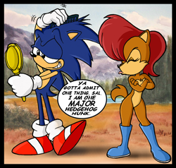 Size: 666x635 | Tagged: safe, artist:chadthecartoonnut, sally acorn, sonic the hedgehog, mirror, raspberry, tongue, tongue out