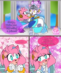 Size: 1736x2048 | Tagged: safe, artist:garabak0, amy rose, blaze the cat, nimue, cat, hedgehog, ..., 2023, amy x blaze, blushing, carrying them, comic, cute, english text, female, females only, knight armor, lesbian, looking at each other, shipping, sir percival