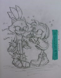 Size: 1739x2231 | Tagged: safe, artist:chimialotl, amy rose, blaze the cat, cat, hedgehog, 2023, amy x blaze, amy's halterneck dress, blaze's tailcoat, cute, female, females only, flowers, hand behind back, hearts, lesbian, one eye closed, shipping, sketch, traditional media
