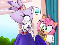 Size: 1280x960 | Tagged: safe, artist:silverjurassic, amy rose, blaze the cat, cat, hedgehog, 2023, amy x blaze, blushing, cute, dress, female, females only, lesbian, looking at each other, shipping, sparkles
