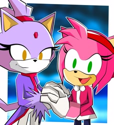 Size: 2339x2564 | Tagged: safe, artist:eternalflamebry, amy rose, blaze the cat, cat, hedgehog, 2022, amy x blaze, cute, female, females only, holding hands, lesbian, looking at viewer, mario & sonic at the olympic games, mouth open, shipping, winter outfit