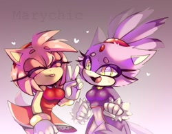 Size: 2116x1653 | Tagged: safe, artist:marychic2001, amy rose, blaze the cat, cat, hedgehog, 2022, amy x blaze, amy's halterneck dress, blaze's tailcoat, cute, eyes closed, female, females only, lesbian, looking at viewer, peace sign, shipping, tongue out