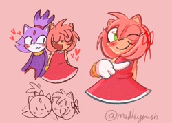 Size: 1866x1333 | Tagged: safe, artist:medleyrush, amy rose, blaze the cat, cat, hedgehog, 2021, amy x blaze, amy's halterneck dress, blaze's tailcoat, blushing, cute, eyes closed, female, females only, hearts, lesbian, mouth open, one eye closed, shipping