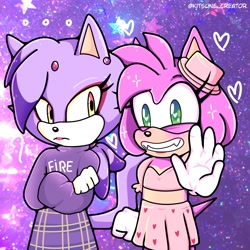 Size: 2080x2080 | Tagged: safe, artist:nkitsunecreator, amy rose, blaze the cat, cat, hedgehog, ..., 2021, amy x blaze, cute, female, females only, hat, hearts, lesbian, looking at them, shipping