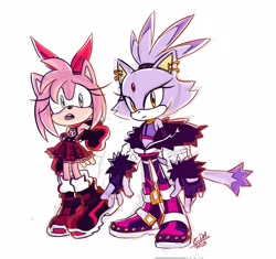 Size: 2048x1926 | Tagged: safe, artist:lionisfabulous, amy rose, blaze the cat, cat, hedgehog, 2022, amy x blaze, cute, female, females only, lesbian, looking at viewer, looking the them, mouth open, shipping