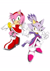 Size: 1447x2039 | Tagged: safe, artist:miguelb_32x, amy rose, blaze the cat, cat, hedgehog, 2021, amy x blaze, amy's halterneck dress, blaze's tailcoat, cute, female, females only, lesbian, looking at viewer, mouth open, shipping
