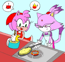 Size: 603x574 | Tagged: safe, artist:4nnski3_134t0y, amy rose, blaze the cat, cat, hedgehog, 2021, amy x blaze, cooking, cute, female, females only, flame, lesbian, looking at something, shipping