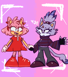 Size: 700x800 | Tagged: safe, artist:ratspbery, amy rose, blaze the cat, cat, hedgehog, 2020, amy x blaze, cute, female, females only, fingerless gloves, hearts, holding hands, lesbian, looking at each other, shipping