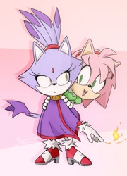Size: 863x1200 | Tagged: safe, artist:jmotion0, amy rose, blaze the cat, cat, hedgehog, 2020, amy x blaze, amy's classic dress, classic amy, cute, female, females only, flame, hands on shoulders, lesbian, looking at each other, shipping