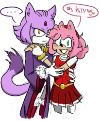 Size: 551x676 | Tagged: safe, artist:dwn021, amy rose, blaze the cat, cat, hedgehog, ..., 2020, amy x blaze, blaze's tailcoat, cute, english text, female, females only, hand on back, hand on shoulder, hearts, lesbian, looking at viewer, shipping