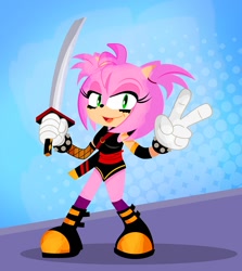 Size: 982x1100 | Tagged: safe, artist:pixelkitties, amy rose, green eyes, looking at viewer, sword, v sign