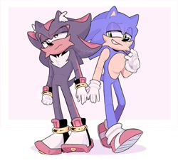 Size: 1233x1131 | Tagged: safe, artist:antosnap_, shadow the hedgehog, sonic the hedgehog, 2023, abstract background, cheek fluff, duo, ear fluff, frown, gay, lidded eyes, looking at them, looking away, shadow x sonic, shipping, smile, standing