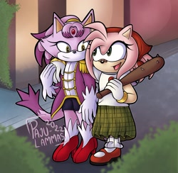 Size: 2020x1971 | Tagged: safe, artist:pajulammas, amy rose, blaze the cat, cat, hedgehog, 2022, alternate universe, amy x blaze, cute, female, females only, hand on shoulder, lesbian, looking at each other, shipping, spiked bat