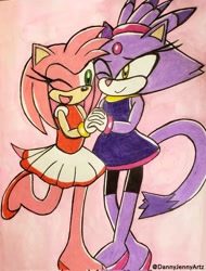 Size: 1559x2048 | Tagged: safe, artist:dannyjennyartz, amy rose, blaze the cat, cat, hedgehog, 2022, amy x blaze, cute, female, females only, gymnastic outfit, holding hands, lesbian, mario & sonic at the olympic games, mouth open, one eye closed, shipping, traditional media
