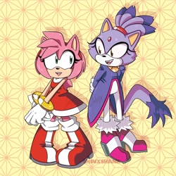 Size: 2000x2000 | Tagged: safe, artist:shinxshank, amy rose, blaze the cat, cat, hedgehog, 2019, amy x blaze, amy's halterneck dress, blaze's tailcoat, cute, female, females only, hands behind back, lesbian, looking at each other, mouth open, shipping