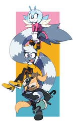 Size: 1244x2031 | Tagged: safe, artist:lightbell, jewel the beetle, tangle the lemur, whisper the wolf, flying