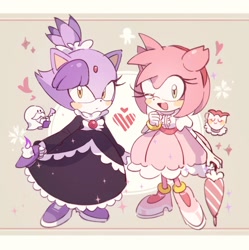 Size: 1018x1024 | Tagged: safe, artist:roi_sonic, amy rose, blaze the cat, cat, hedgehog, 2019, amy x blaze, cup, cute, dress, female, females only, hearts, lesbian, looking at viewer, one eye closed, shipping, umbrella