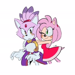 Size: 2048x2048 | Tagged: safe, artist:bluespheres07, amy rose, blaze the cat, cat, hedgehog, 2018, amy x blaze, amy's halterneck dress, blaze's tailcoat, blushing, cute, female, females only, hugging from behind, lesbian, looking at viewer, one eye closed, shipping